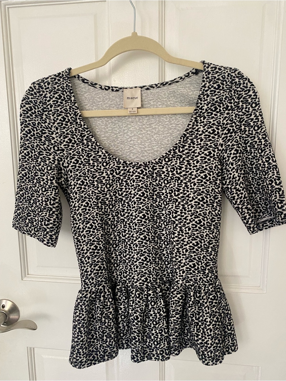 Maeve Black and White Leopard-Print Peplum Top